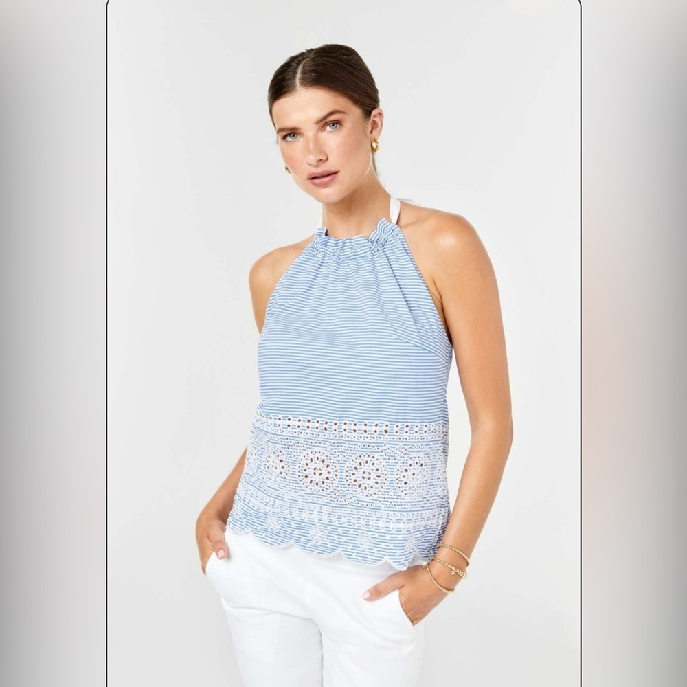 Cartolina Nantucket Blue White Marin 100% Cotton Eyelet Halter Top New Large nwt